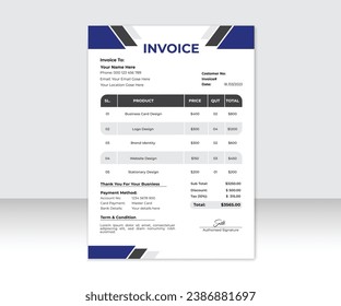 Creative, modern, unique, clean, and professional corporate company business invoice template design.