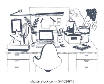 Creative modern workplace with laptop, hand drawn vector illustration, sketch style.

