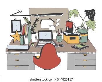 Creative modern workplace with laptop, hand drawn vector illustration, sketch style.
