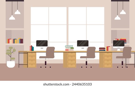 Lugar de trabajo creativo y moderno. Ilustración moderna minimalista de concepto de oficina vacía