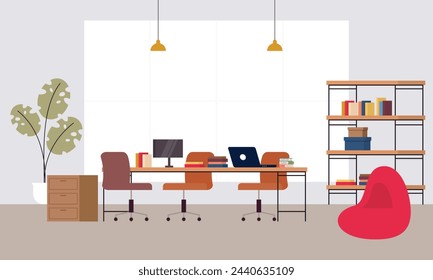 Lugar de trabajo creativo y moderno. Ilustración moderna minimalista de concepto de oficina vacía