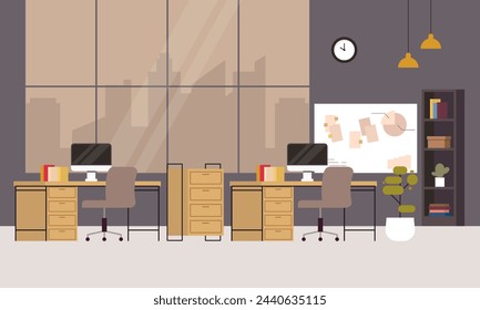 Lugar de trabajo creativo y moderno. Ilustración moderna minimalista de concepto de oficina vacía