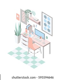 Creative modern workplace with table and designer computer, isometric vector illustration.