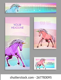 Creative modern-design brochure. Beautiful card with a unicorn.