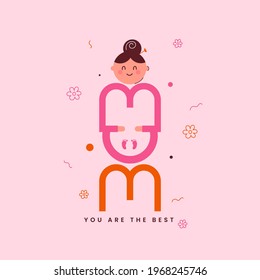 Creative Mom You Are The Best Text With Cartoon Woman Face On Pink Background.