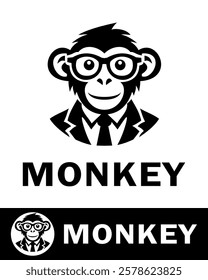 Creative monkey logo design featuring a monkey wearing glasses and a suit, symbolizing intelligence, professionalism, and uniqueness