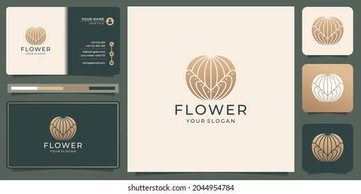 creative mono line silhouette shape flower logo abstract with gold color and business card design.