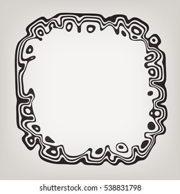 Creative monochrome abstract frame in modern style with wavy stripes, rings and spots. Elegant pattern with place for text on grey background.