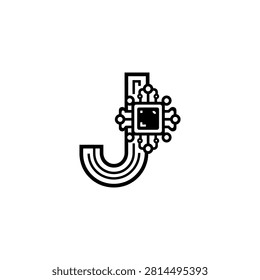 A creative monochrome graphic design featuring the letter J integrated with a complex electronic circuit board or computer processor symbol.