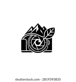 A creative monochrome logo icon blending a mountain landscape camera lens and a leaf symbol representing nature photography