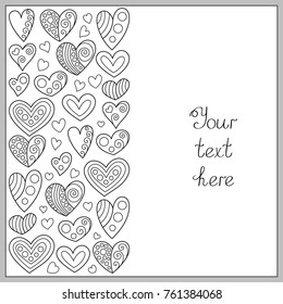 Creative Monochrome Template of Contour Hearts for for Romantic Message, Postcard, Greeting, Card, Invitation, Congratulation, Wish. Black and White Doodle Art for Anti-Stress Therapy.