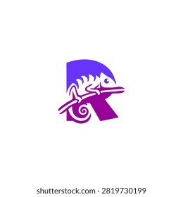 Creative monochrome vector logo of a chameleon merged with an alphabet letter R, suitable for adaptive branding, creative identity, emblem, and modern logo design.