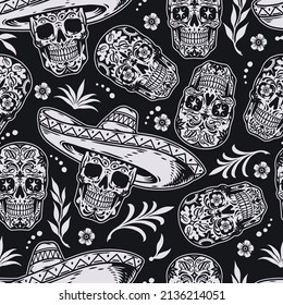 Creative monochrome vintage seamless pattern with sugar skull with various painted design, one of them in sombrero, decorative twigs and flowers, vector illustration