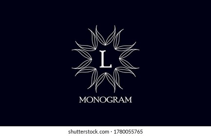 Creative monogram design with letter L on a black background. Sample logo for antiques, restaurant, cafe, boutique, hotel, heraldry and jewelry.