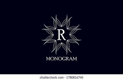 Creative monogram design with letter R on a black background. Sample logo for antiques, restaurant, cafe, boutique, hotel, heraldry and jewelry.