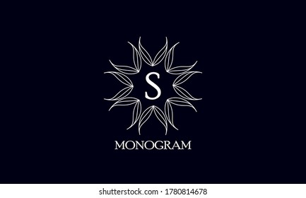 Creative monogram design with letter S on a black background. Sample logo for antiques, restaurant, cafe, boutique, hotel, heraldry and jewelry.