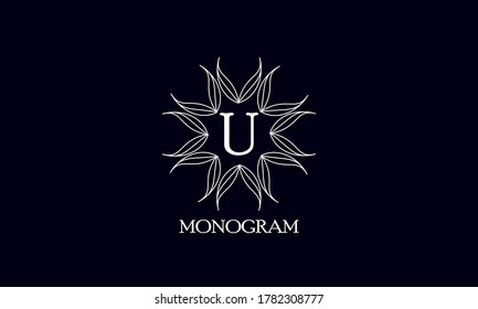 Diseño de monograma creativo con letra U sobre fondo negro. Muestra el logo para antigüedades, restaurantes, cafés, boutique, hotel, heralería y joyería.