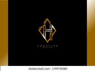 Creative Monogram Diamond Linear Shape Letter H Logo Golden Color