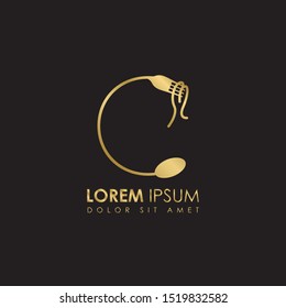 Creative Monogram Gold Letter c Restaurant logo icon isolated on black background. Restaurant menu logo template with fork and spoon symbol. Vector Illustration