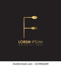 Creative Monogram Gold Letter f Restaurant logo icon isolated on black background. Restaurant menu logo template with fork and spoon symbol. Vector Illustration