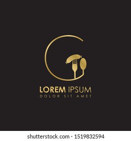 Creative Monogram Gold Letter g Restaurant logo icon isolated on black background. Restaurant menu logo template with fork and spoon symbol. Vector Illustration