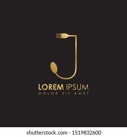 Creative Monogram Gold Letter j Restaurant logo icon isolated on black background. Restaurant menu logo template with fork and spoon symbol. Vector Illustration