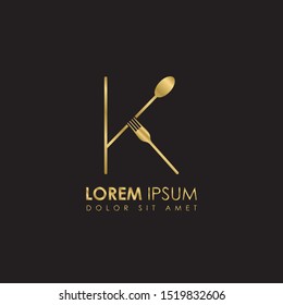 Creative Monogram Gold Letter k Restaurant logo icon isolated on black background. Restaurant menu logo template with fork and spoon symbol. Vector Illustration