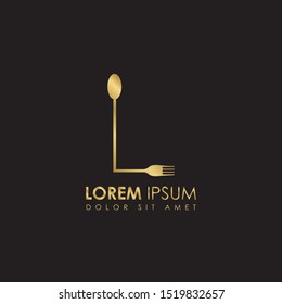 Creative Monogram Gold Letter l Restaurant logo icon isolated on black background. Restaurant menu logo template with fork and spoon symbol. Vector Illustration