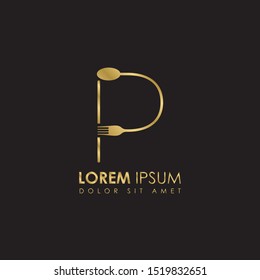Creative Monogram Gold Letter p Restaurant logo icon isolated on black background. Restaurant menu logo template with fork and spoon symbol. Vector Illustration
