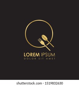 Creative Monogram Gold Letter q Restaurant logo icon isolated on black background. Restaurant menu logo template with fork and spoon symbol. Vector Illustration