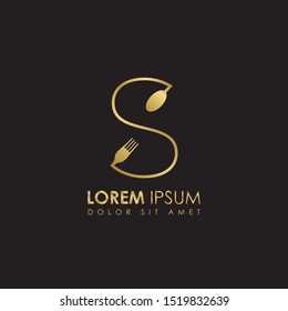 Creative Monogram Gold Letter s Restaurant logo icon isolated on black background. Restaurant menu logo template with fork and spoon symbol. Vector Illustration