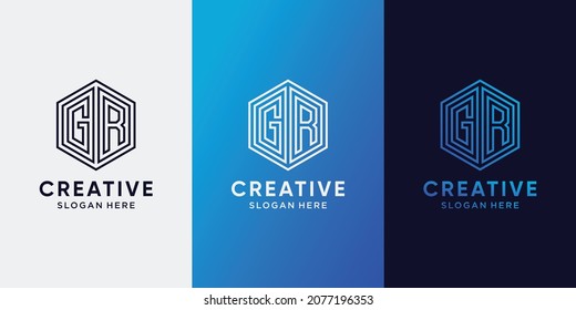 Creative monogram hexagon logo design with initial letter GR and line art style. Logo icon for business company and personal