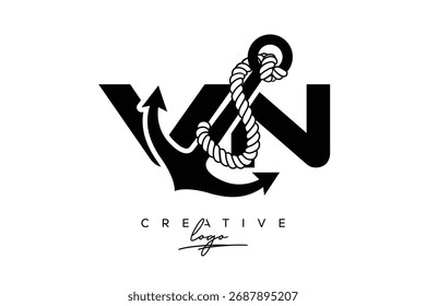  Logo creativo de Monogram Latter con diseño de ancla y cuerda Diseño de logotipo minimalista VNM