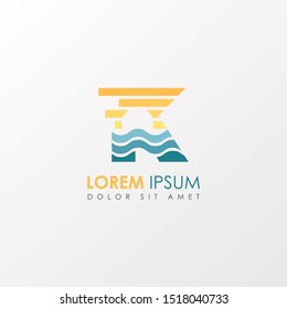Creative monogram Letter k Sunset Logo Design Element. Colorful Sun and Wave symbol suitable for beach travel logo company.