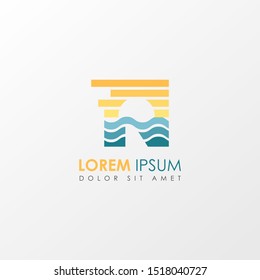 Creative monogram Letter n Sunset Logo Design Element. Colorful Sun and Wave symbol suitable for beach travel logo company.
