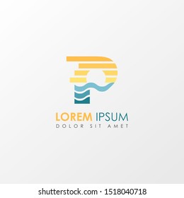 Creative monogram Letter p Sunset Logo Design Element. Colorful Sun and Wave symbol suitable for beach travel logo company.