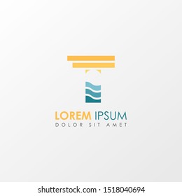 Creative monogram Letter t Sunset Logo Design Element. Colorful Sun and Wave symbol suitable for beach travel logo company.