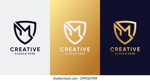 Creative monogram logo design initial letter M with line art style in shield concept