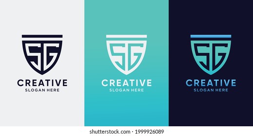 Creative monogram logo design initial letter SG with line art style and shield concept