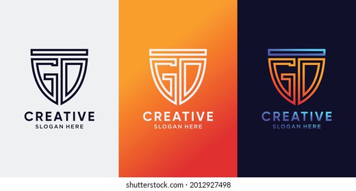 Creative monogram logo design initial letter GD with line art style and shield concept