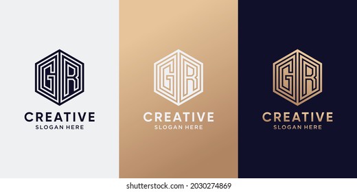 Creative monogram logo design initial letter GR with line art style and hexagon concept. Logo icon for business company and personal