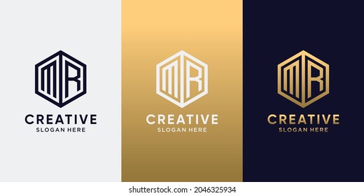 Creative monogram logo design initial letter MR with line art style and hexagon concept. Logo design template for business company and personal