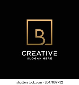 Creative monogram logo design initial letter b with square line art and golden color style