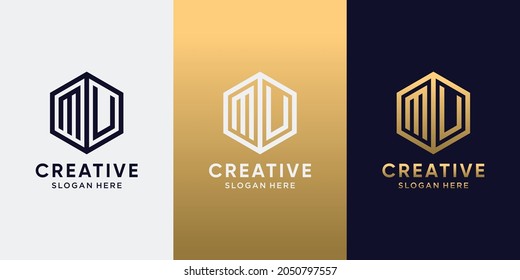 Creative monogram logo design initial letter MU with line art style and hexagon concept. Logo design template for business company and personal