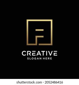 Creative monogram logo design initial letter f with square line art and golden color style