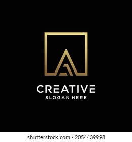 Creative monogram logo design initial letter a with square line art and golden color style