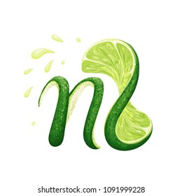 a creative monogram logo with a lime peel in form of a letter N and a twisted lime slice shaped as an L, with juice splashes; vector illustration; logo/icon/label template or other design element