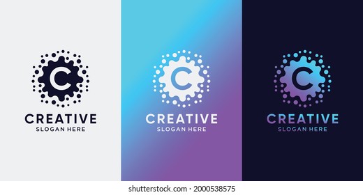Creative monogram molecule logo design initial letter C with dot concept