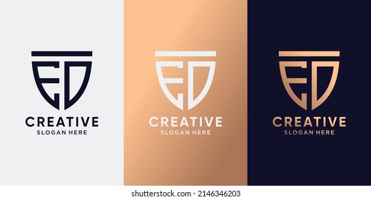 Creative monogram shield logo design initial letter ED with line art style. Logo icon for business company and personal svg