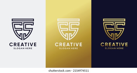 Creative monogram shield logo design initial letter ES with line concept and golden style color. Logo icon for business company and personal